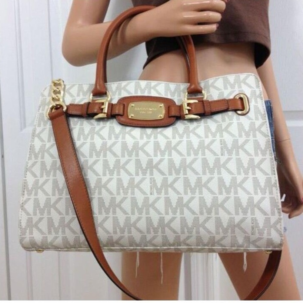 MK Michael Kors Cream/Brown Monogram Leather East West Hamilton Tote Bag Purse